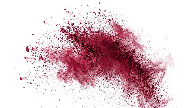 Red powder explosion cloud scattering, fine particles burst on transparent background.