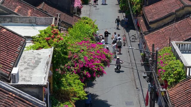 Aerial drone view of Hoi An city, Quang Nam province, Vietnam. Panoramic footage of Ancient town, UNESCO world heritage. One of the most travel popular touristic destinations