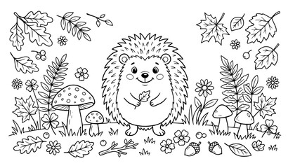 Cute hedgehog coloring page vector illustration isolated on white background © Begum