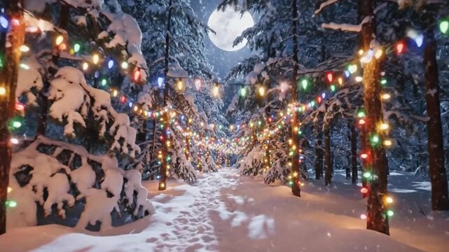 Enchanted snowy forest path at night with glowing christmas string lights