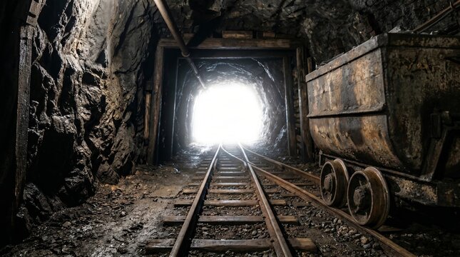 Mine cart on tracks inside dark underground tunnel with bright light at tunnel exit. Industrial mining facility with railway system. Historical coal extraction and geology concept.