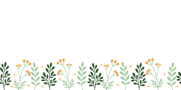 Midsummer vector banner with decorative  doodles wild flowers.