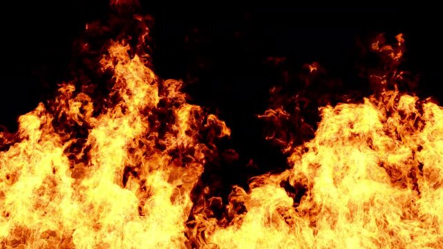 Wall of fire burning on black background. Blazing fire wall with orange flames. Realistic intense flames