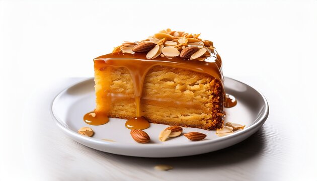 A Slice Of A Traditional German Bee Sting Cake Is Placed On A White Plate Topped With A Glossy Caramel Glaze And Sprinkled With Roasted Almonds
