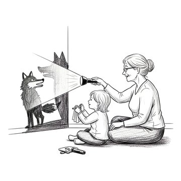 Grandmother and child playing shadow puppets with a flashlight, creating a fox shadow