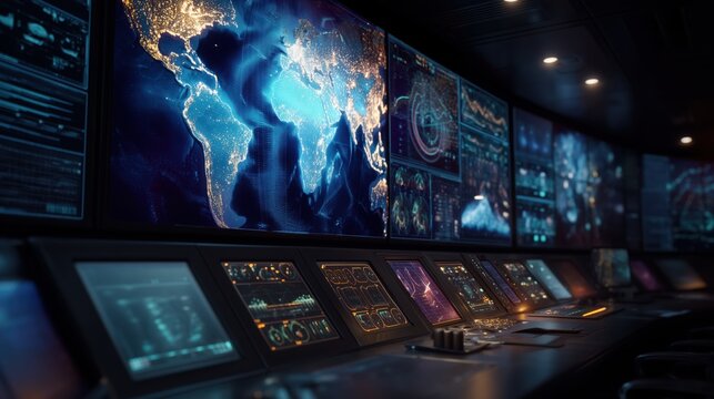 High tech control room with global monitoring screens. AI-generated.