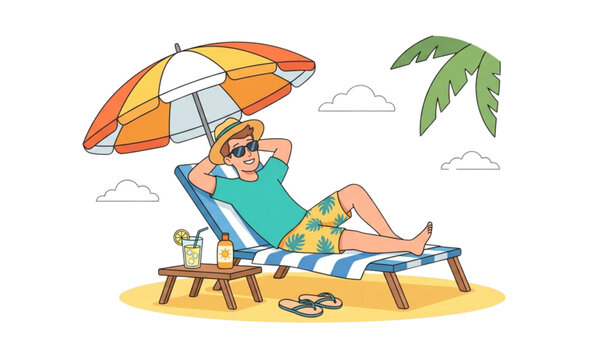 Cartoon man sunbathing on beach vector illustration for summer vacation concept