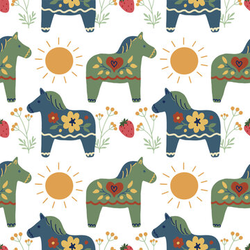 Scandinavian vector seamless pattern with cute dala horse, shining sun  and floral ornament for sweden longest summer day holiday background.