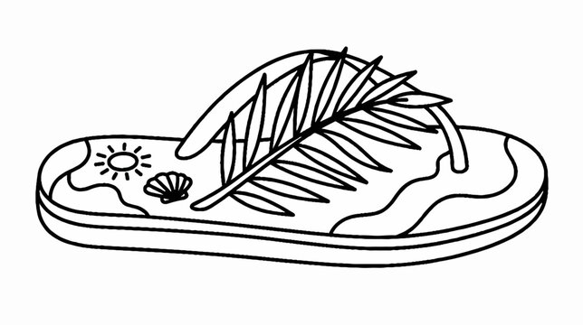 Hand-drawn flip flop with palm leaf, sun, and shell, summer vacation concept.