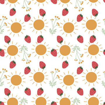 Midsummer decorative seamless pattern with shining sun, strawberries and meadow flowers.
