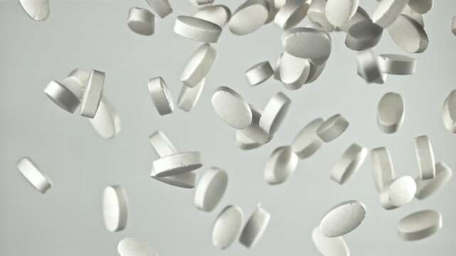 Floating white round tablets in studio. Soft highkey lighting reveals Filmed on a high-speed camera at 1000 fps.