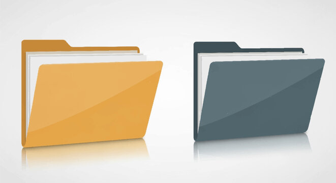 Two modern file folders, one orange, one grey, with white paper inside, isolated on white background