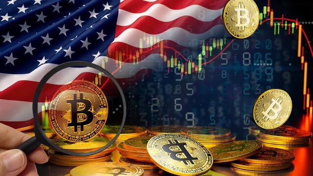 American cryptocurrency is volatile amidst a turbulent economic, investment, and political landscape. The illustration features the national flag alongside financial charts. 