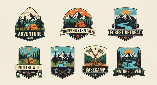 Adventure Camping Patches: Mountains, Forest, River, Tent, Axes - Vector Badges