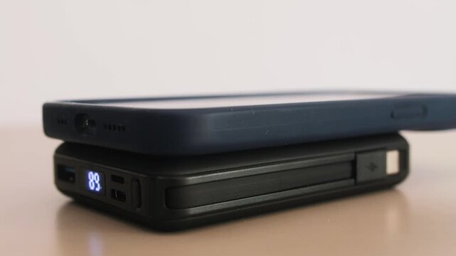 Black power bank close up footage, portable charger designed to recharge your electronic devices while you're on the go. High quality 4k footage