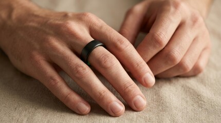 Fototapeta premium Close-up of Male Hands Wearing Black Smart Health Tracking Ring on Linen Surface