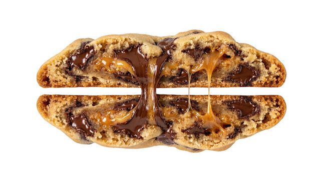 Freshly baked chocolate chip cookie being pulled apart with gooey caramel center on transparent back.