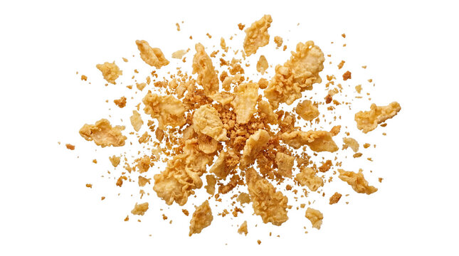 Golden corn flakes cereal exploding in multiple pieces and crumbs isolated on transparent background.