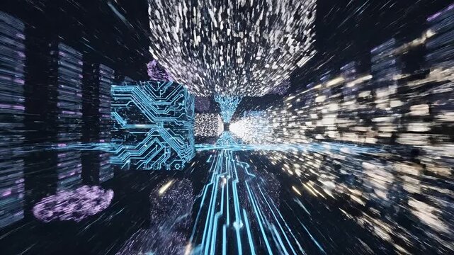 Futuristic Digital Cityscape with Circuit Board Pathways and Data Streams.