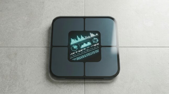 Smart scale on a bathroom floor for tracking weight and body metrics