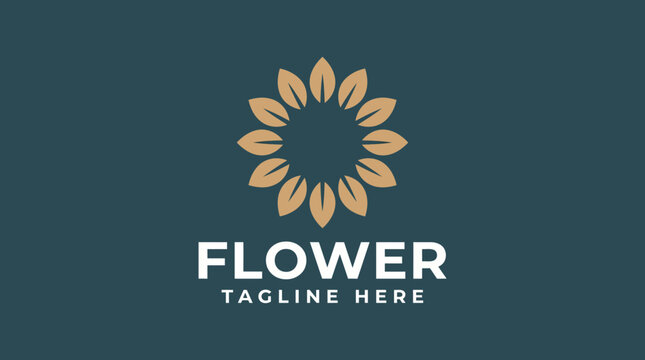 Minimal sunflower logo featuring a bold FLOWER wordmark on teal background, ideal for branding, logo design, and corporate identity with a tagline placeholder.
