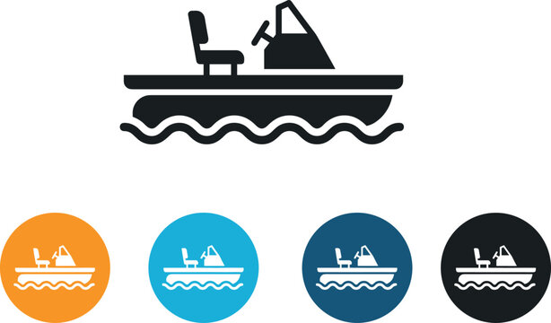 Motorboat icon set representing watercraft speed boat pontoon boat or powerboat for lake fishing and marine recreation vector illustration