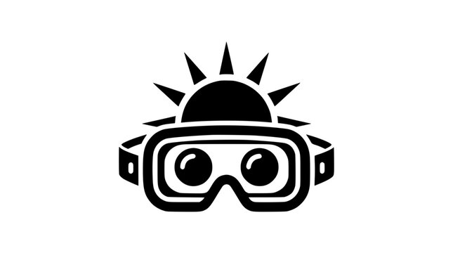  Virtual reality headset icon with rising sun rays for immersive outdoor simulation technology