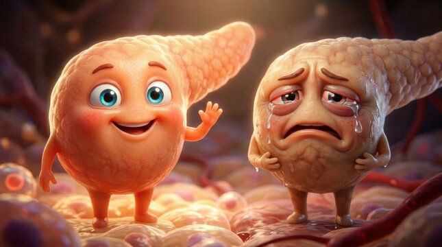 Healthy versus inflamed pancreas character illustration representing pancreatitis and digestive health
