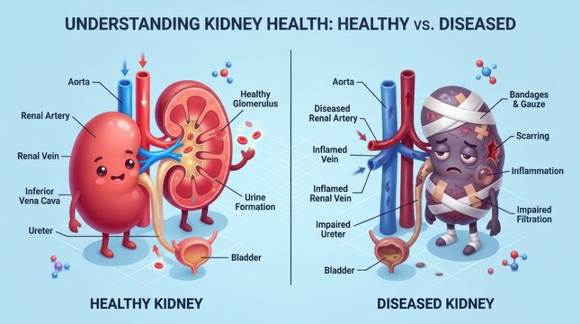 Comparison of a healthy kidney versus a diseased kidney with anatomical labels and character illustrations