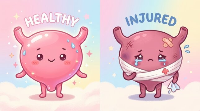 Cute cartoon illustration of a healthy versus an injured urinary bladder character