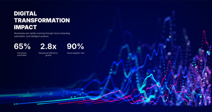 Abstract digital infrastructure visualization with glowing connections and flowing data. Futuristic backdrop for business transformation, analytics and smart technologies.