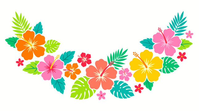 Colorful tropical flower lei garland with hibiscus blossoms and vibrant green and teal leaves, a Hawaiian floral necklace
