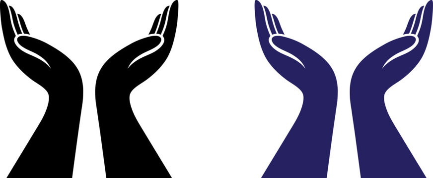 Silhouette images of two open hands raised in a gesture of offering or receiving, shown in black and purple.