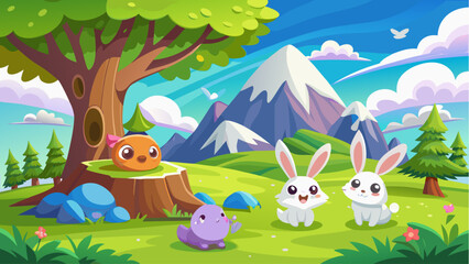 Fototapeta premium Whimsical Cartoon Bunnies Playing in Green Meadow by Snow Capped Mountain