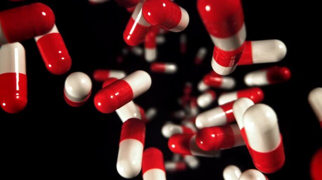 Red and white capsules zooming in over black background, dramatic Filmed on a high-speed camera at 1000 fps.
