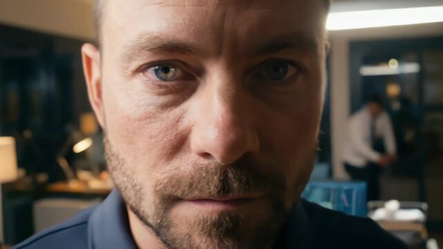 Snorricam Shot &mdash; Determined Man Rises From Desk and Walks Out of Office With Unstoppable Resolution
