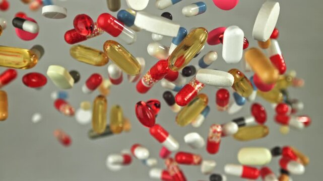 Dense cluster of assorted pills and capsules suspended against neutral Filmed on a high-speed camera at 1000 fps.