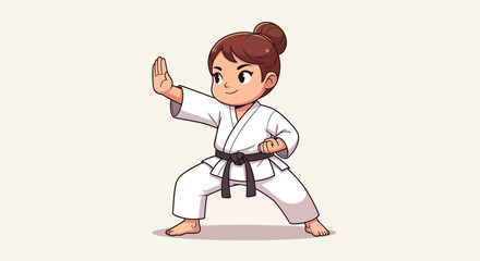 Cute Cartoon Karate Girl in White Gi with Black Belt.