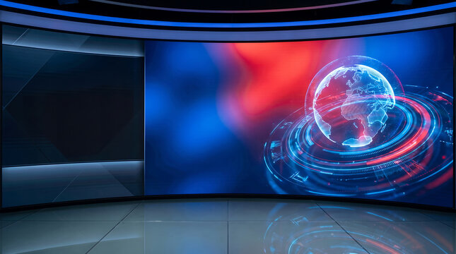 Virtual news studio background with a digital globe and abstract red and blue lighting effects for television broadcast