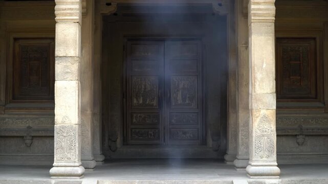 Supernatural Figure Materializes Adjacent To Historic Temple Shrouded In Mist And Darkness