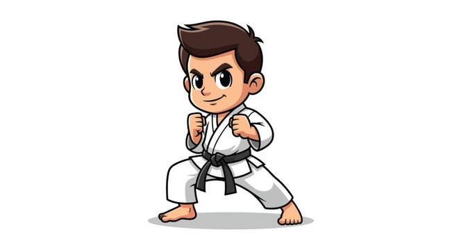 Cute Cartoon Karate Kid in Gi Ready to Fight.