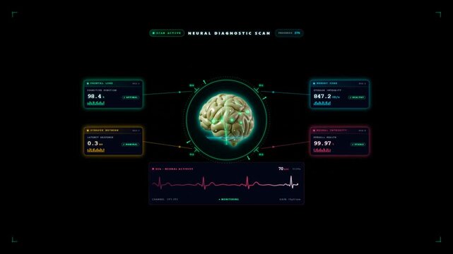Futuristic neural diagnostic scan interface analyzing brain regions with EEG monitoring and cognitive function metrics