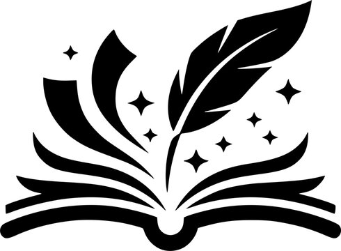 Bold black silhouette of an open book with a feather quill pen and sparkling stars, symbolizing knowledge, literature, creative writing, and education for classic design use
