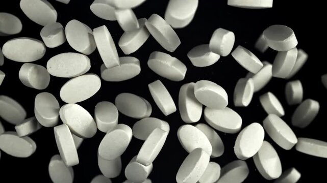 White tablets tumbling across black background, monochrome tablet Filmed on a high-speed camera at 1000 fps.