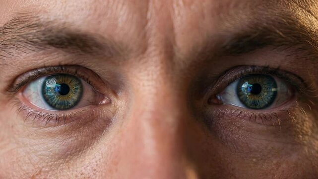 Extreme Close-Up of Trader Eyes Reflecting Stock Market Charts &mdash; Macro Cinematic Shot of Focused Financial Expert Analyzing Data