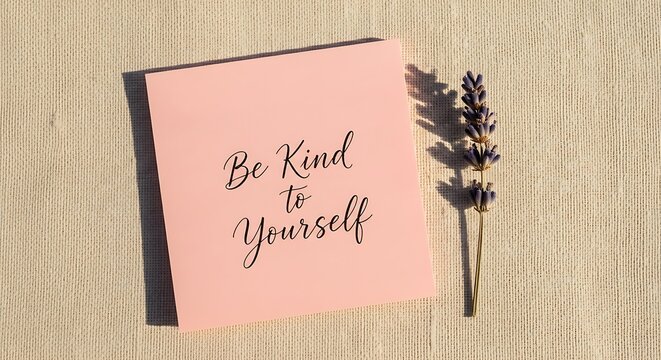 A pink square note with the handwritten text be kind to yourself next to a sprig of dried lavender on a textured beige surface