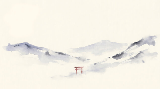 Minimalist japanese landscape painting with a red torii gate in the misty mountains, traditional sumie ink wash style, isolated on white background