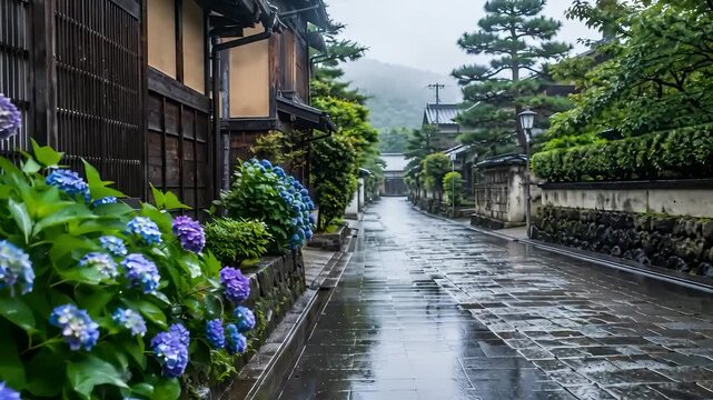 Rainy Japanese alley with hydrangea flowers in rainy season