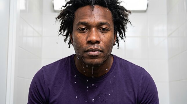 Man with wet hair and beard looking directly at camera after washing face in shower with water droplets.