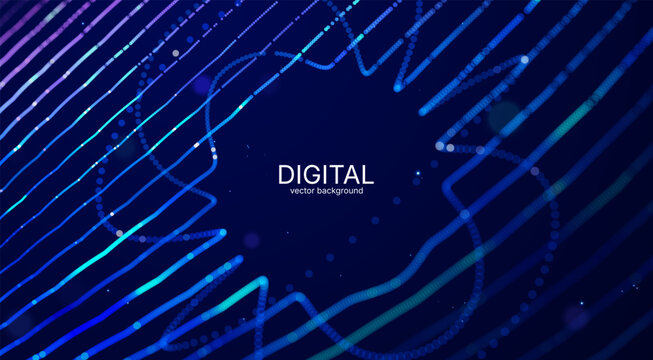 Futuristic data array visualization with flowing particle waves and digital interface representing big data analysis, pattern recognition, artificial intelligence, machine learning vector background